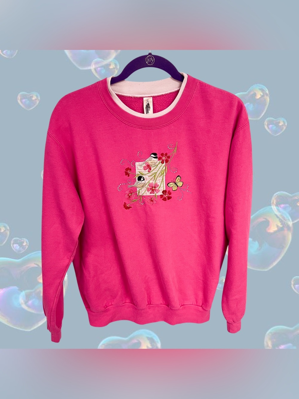 Vintage Morning Sun pink and white embroidered chickadee birds sweater